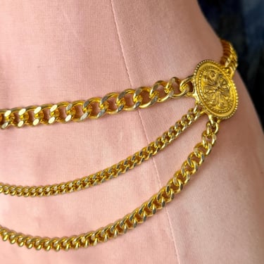 Chunky Chain Belt, Coins Medallions, Adjustable Fit, Triple Tier, Vintage 70s 80s 