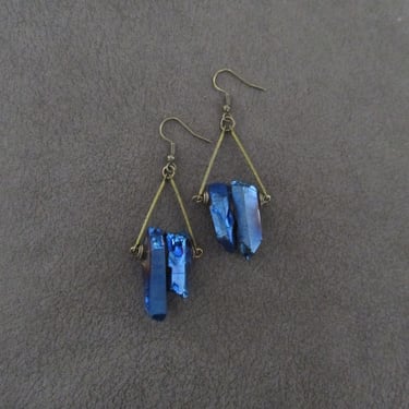 Raw quartz blue crystal earrings, rustic boho chic earrings, unique geode natural bohemian electroplated, bronze earring 