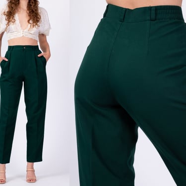 80s High Waisted Forest Green Trousers - Medium, 28"-29" | Vintage Pleated Tapered Leg Pants 