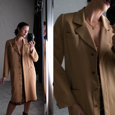 Vintage 80s David Hayes Camel Wool Gabardine Long Jacket w/ Large Marbled Buttons | Made in USA | 100% Wool | 1980s Designer Duster Overcoat 