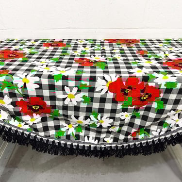 Vintage Gingham Tablecloth Circle Black & White Floral Mid-Century Round Table Cloth Dining Kitchen White Fringe Tassels Boho 1970s 1980s 