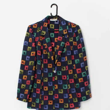 Vintage statement navy blouse / blazer with multicoloured square pattern - Medium 