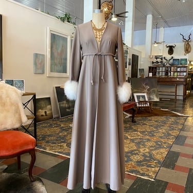 1970s loungewear, vintage maxi dress, feather cuffs, 70s dress coat, small medium, taupe polyester, empire waist, hostess gown, Marty brown 