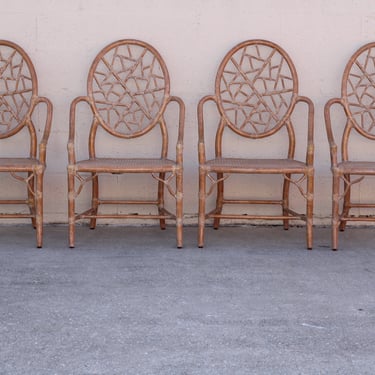 Set of Four 4 Authentic Iconic McGuire Cracked Ice Dining Armchairs with Label Caned Seats Rawhide 