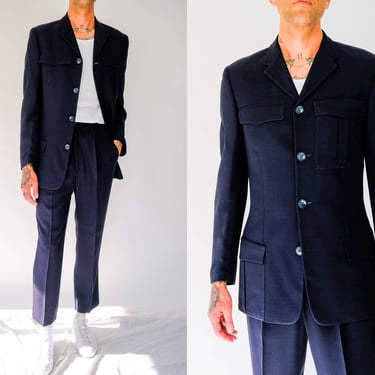 Vintage 90s Gianni Versace Navy Blue Military Style Crepe Gabardine Four Button Suit | Made in Italy | Size 40/50 | 1990s Versace Mens Suit 