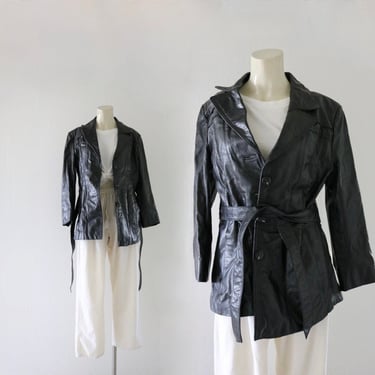 70's black leather belted jacket - l 