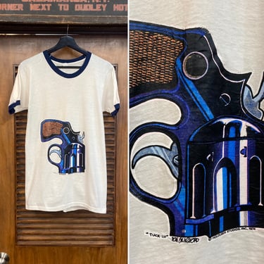 Vintage 1970’s Dated 1974 Handgun Revolver Pop Art Ringer Tuck-In T-Shirt, 70’s Tee Shirt, Vintage Clothing 