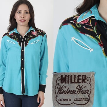 Vintage 1960s Miller Western Pearl Snap Floral Embroidered Yolk Cowboy Shirt 15 