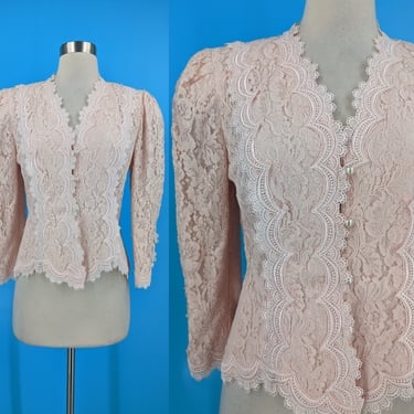 Vintage 80s Cachet by Bari Protas Pink Lace Button Up Blouse  - Eighties Small / Medium Pearl Button Puffy Sleeve Top 