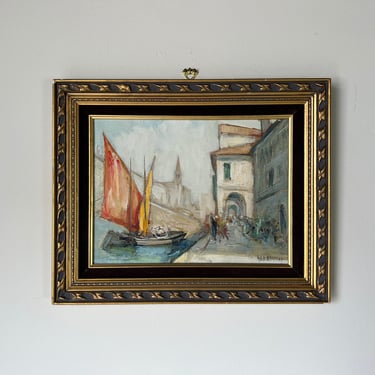 Knut Norman (1896–1977) Venice Harbor Scene Oil Painting, Framed 