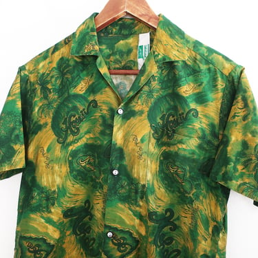 vintage aloha shirt / 60s Hawaiian shirt / 1960s green and yellow Hawaiian Islands print cotton aloha shirt Small 