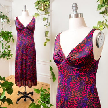 Vintage 1970s Maxi Dress | 70s VANITY FAIR Leopard Print Pink Purple Colorful Satiny Stretchy Sleeveless Slip Dress | medium/large 