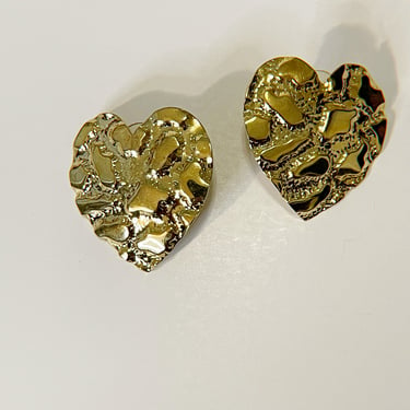 Vintage Gold Nugget Heart Earrings 1990s Retro Earrings Vintage Gold Tone Heart Post Earrings Gold Statement Textured Earrings Heart Shape 
