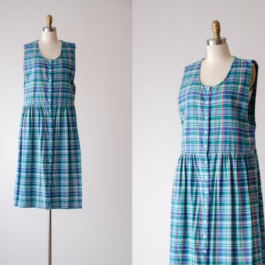 plaid pinafore dress | 80s 90s vintage green blue pink plaid cottagecore cotton midi dress 