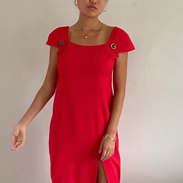 90s red linen dress / vintage red linen square neck muscle cap sleeve wiggle midi power dress | Medium 