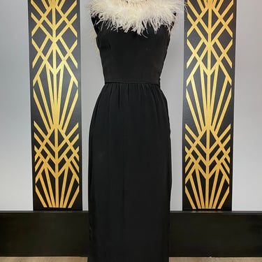 1960s cocktail dress, black crepe, feather Dres, vintage 60s dress, 60s sheath, x-small, mad men style, 24 waist, mrs maisel style, column 