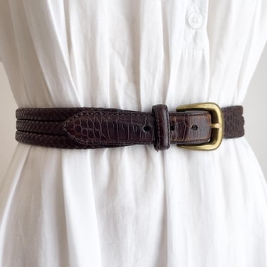 brown braided leather belt 90s vintage brown woven leather statement belt 