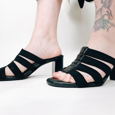 Vintage 90s-Y2K Strappy Black Short Heel Slip On Sandals w Black Patent & Elastic by Umberto Raffini Size 6.5/7 | Comfy, Summer, Casual 