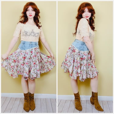 Y2K Blue Willi's Denim and Floral Cut Off Skirt / Vintage Western Ruched Doll Flared Skirt / Size Medium - Large 