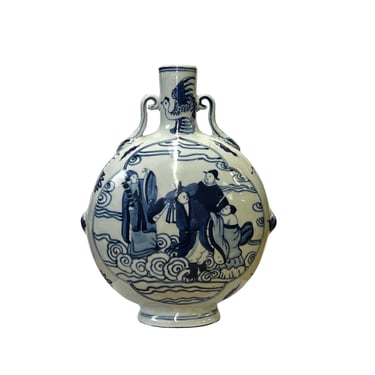 Chinese Blue White Porcelain Round Flat Body People Theme Vase ws3001E 