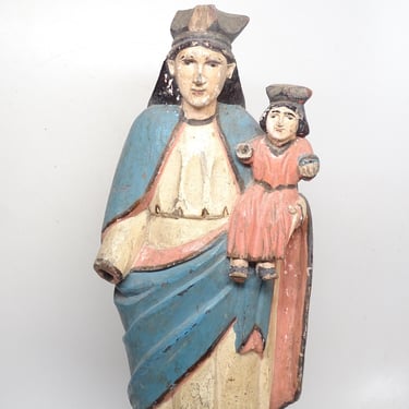 Antique  1800's Crowned Mother Mary Holding Baby Jesus Santos, Hand Carved Hand Painted Our Lady Saint Statue, Religious  Church Folk Art 