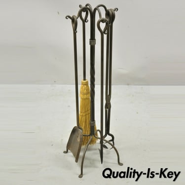 French Arts &amp; Crafts Style Wrought Iron Twisted Scrolling Fireplace Tool Set