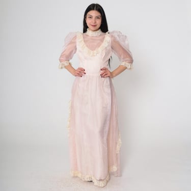 Vintage Pink Organza Formal Dress 80s Party Puff Sleeve Evening Gown Victorian Baby Pink Southern Belle Prom 1980s Pastel Maxi Small S 