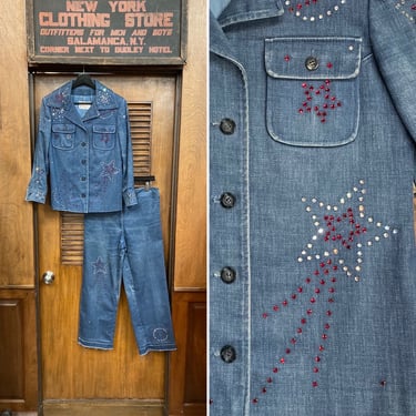 Vintage 1960’s Glam Rock Denim Rhinestone Stars & Moon Two Piece Outfit Set, Jacket, Jeans, 1960s, 2 Piece, Matching Set, Rhinestone Stud 