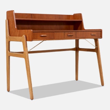 Danish Modern Teak & Oak Two-Tier Desk with Brass Accents 