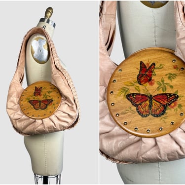 SUZIE KONDI Leather and Wood Purse | Butterfly Theme, Vintage 70s Style Handbag, 1970s Inspired Shoulder Bag | Boho Bohemian Hippie Folk 