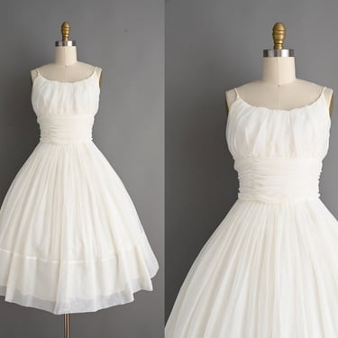 Vintage 1950s Dress | Gorgeous Ivory White Chiffon Cupcake Full Skirt Party Prom Wedding Dress | Small 