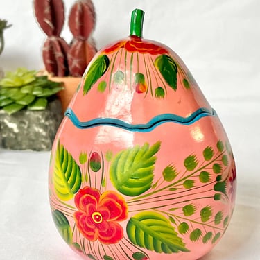 Painted Gourd with Lid, Hand Painted, Trinket Box, Paper Mache Art, Mexican Artisan, Floral, Botanical, Vintage 60s 70s 