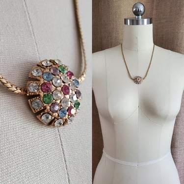 Vintage Neclace with Colorful Rhinestone Hemisphere Pendant Attached - Midcentury Style - Vintage Jewelry - Estate Jewelry 