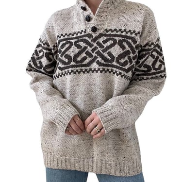 Carraigdonn Mens Celtic Knot Brown Irish Fisherman Cowl Neck Wool Sweater Sz L 