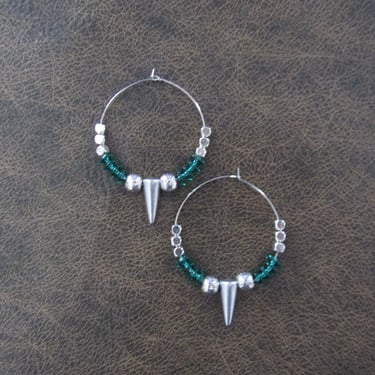 Silver and green hoop earrings 