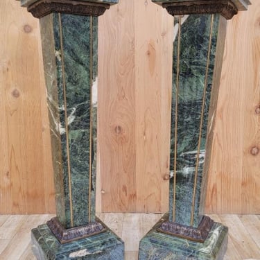 Antique Italian Louis XV Style Green Marble and Bronze Pedestals - Pair