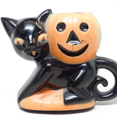 Vintage 1940's Halloween Candy Container, Rosbro Black Cat Holding a Jack-o-lantern, Antique Party Decor 