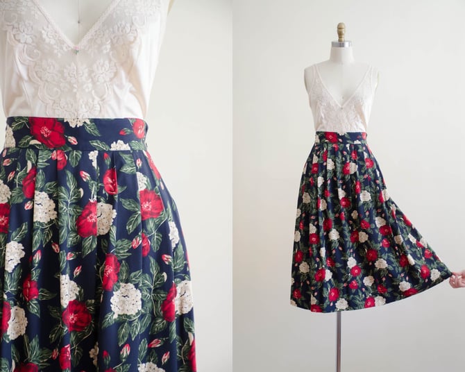 navy floral midi skirt | romantic floral hydrangea and red rose flowy vintage skirt 