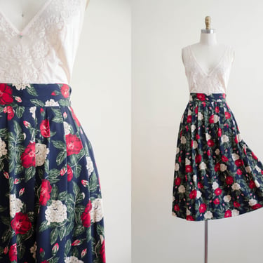 navy floral midi skirt | romantic floral hydrangea and red rose flowy vintage skirt 