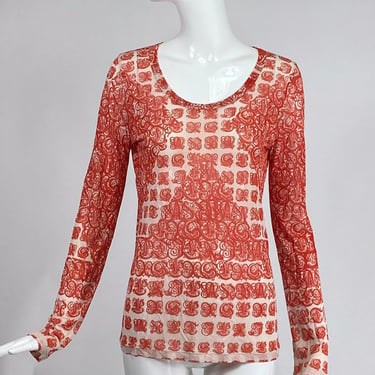 Jean Paul Gaultier Soleil Orange & White Mesh Gothic Alphabet Print Top L