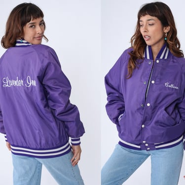 80s Uniform Jacket Purple Lavender Inn Colleen Bomber Jacket Windbreaker Snap Up Coat Varsity Baseball Jacket Vintage 1980s Oversize Medium 