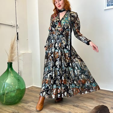 Vintage 1980s Dress / 80s Diane Freis Dark Floral Metallic Sequin Dress / Black Silver Orange ( S M ) 