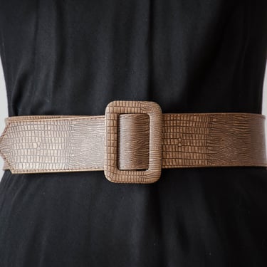 wide brown belt | 80s 90s vintage taupe greige light brown faux vegan reptile leather belt 