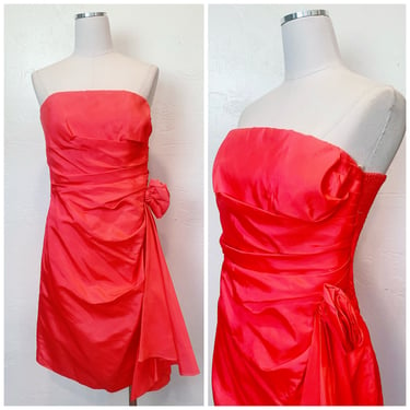 1980s Coral Positively Ellyn Salmon Strapless Dress / 80s / Eighties Elastic Ruched Sash Dress / Size Small - Medium 