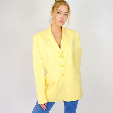 Vintage 90s ESCADA Pale Yellow Seersucker Stripe Silk Blend Blazer w/ Bubble Logo Buttons | Made in Germany | 1990s Escada Designer Jacket 