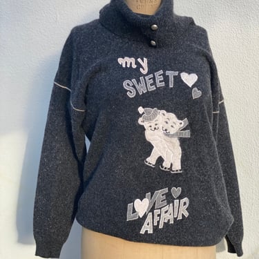Vintage Novelty Sweater / My Sweet Love Affair / High Convertible Turtleneck / Lambswool Angora Blend / Ice Skating Polar Bear Print 