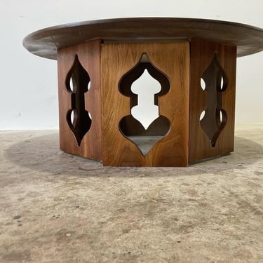 Vintage 1950s Round Walnut Coffee Table With Horseshoe Arch Base 