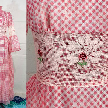 Vintage Pink A-Line Maxi Dress 60s Mod Baby Doll Gingham Ruffles Lace Trim Roses 1960s Mod Twiggy Long Sleeve Valley of the Dolls Medium 