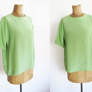 Vintage 90s Pistachio Green Silk Shirt Deadstock S M - 90s Short Sleeve Solid Color Minimalist Blouse 