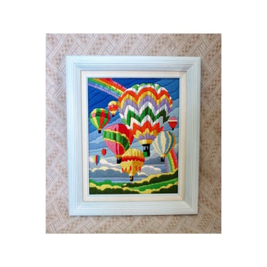 Vintage Hot Air Balloon Crewel Picture - Framed Wall Hanging - Colorful Rainbow Art - 80s Home Decor 